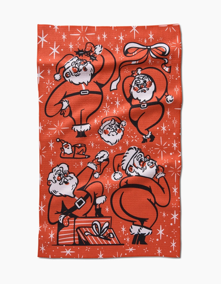 Holiday-themed waffle weave kitchen tea towel with a single-sided print.