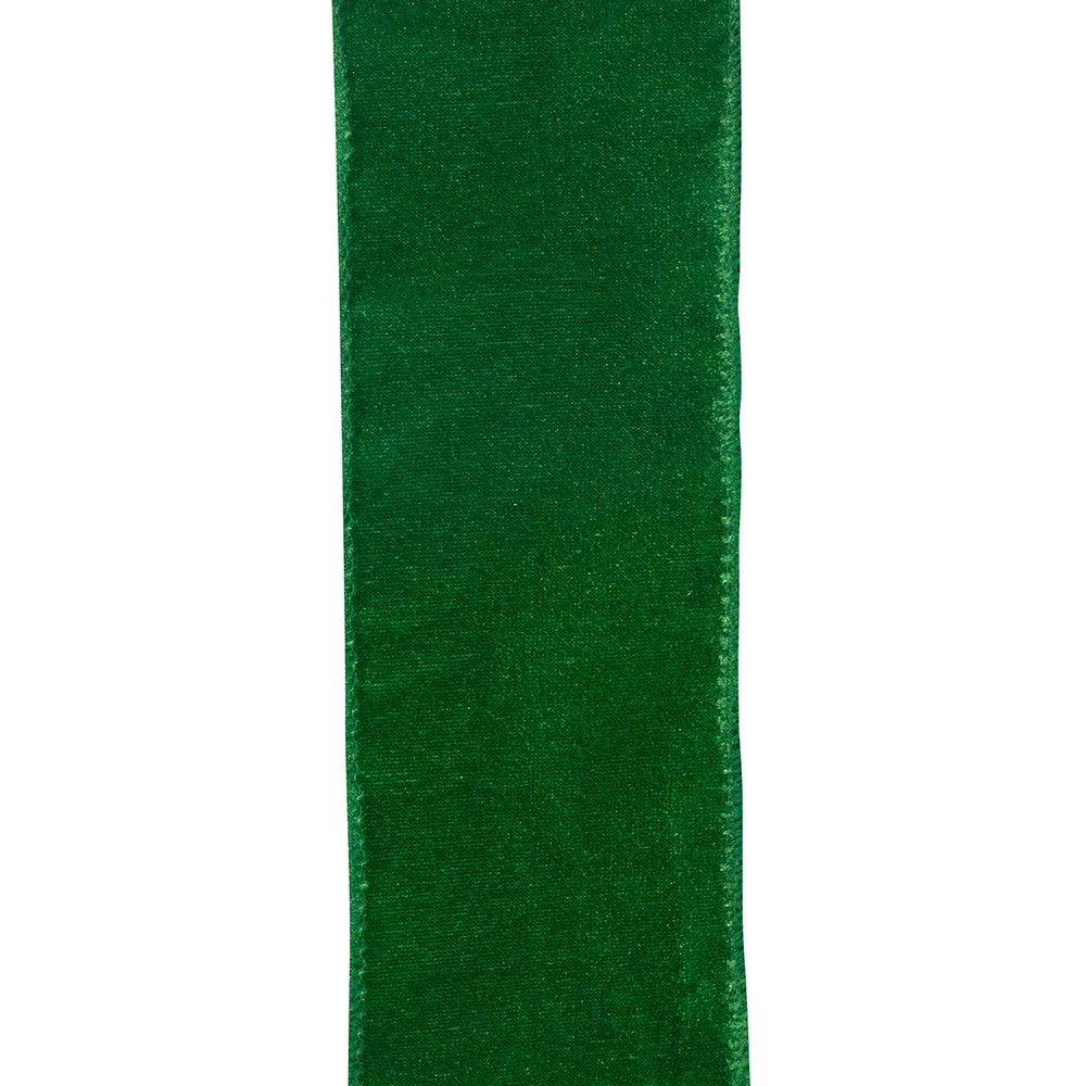 Close-up of a 1-inch wide emerald green luxe plush velvet ribbon.