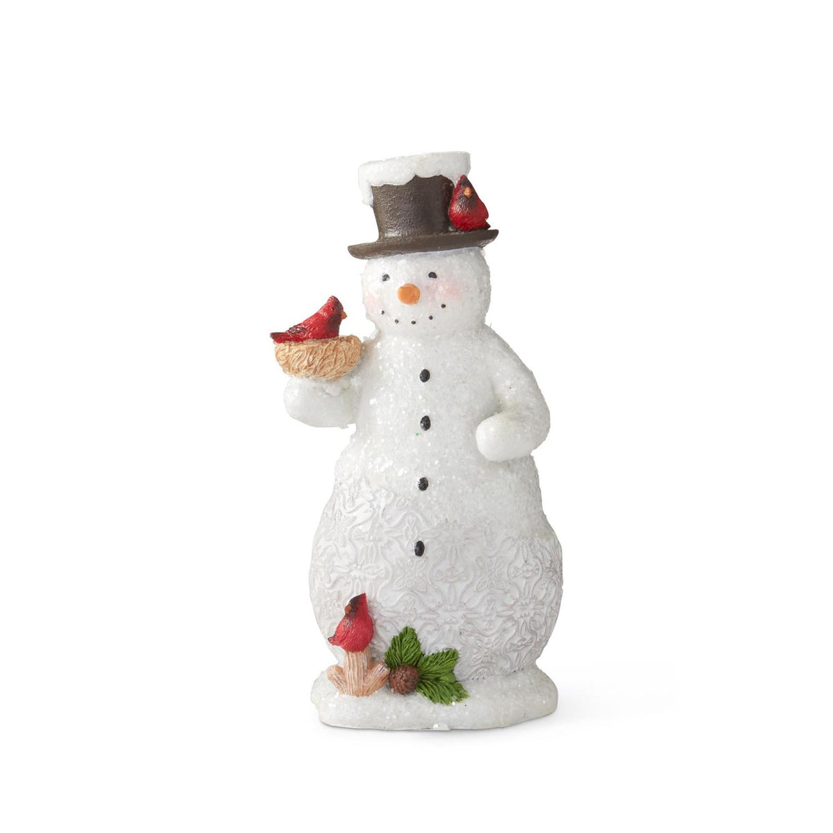 6-inch glittered snowman ornament with a top hat, three red cardinals, and a pinecone base.