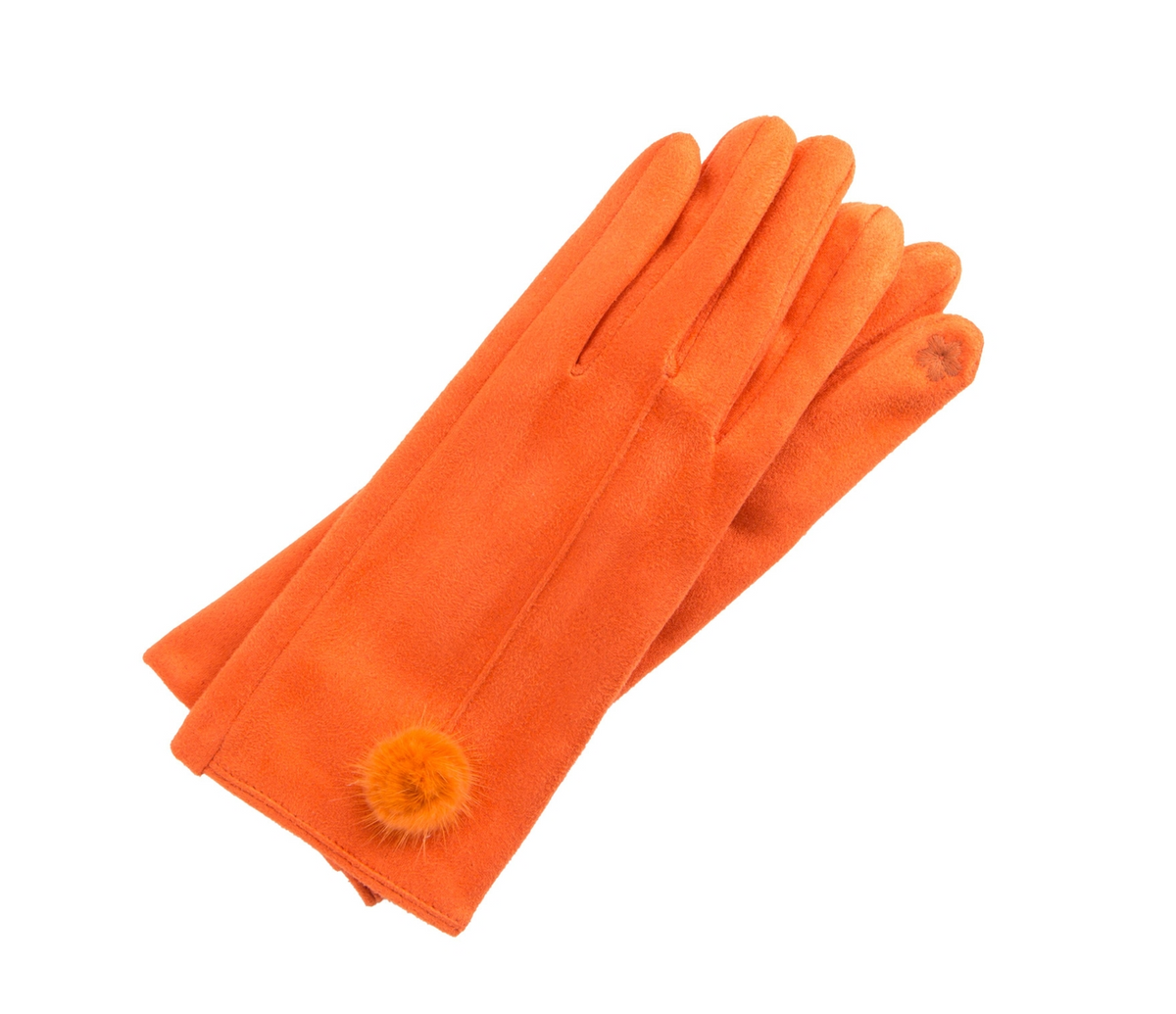 Orange ultrasuede touchscreen gloves with a small fur ball accent on the wrist.