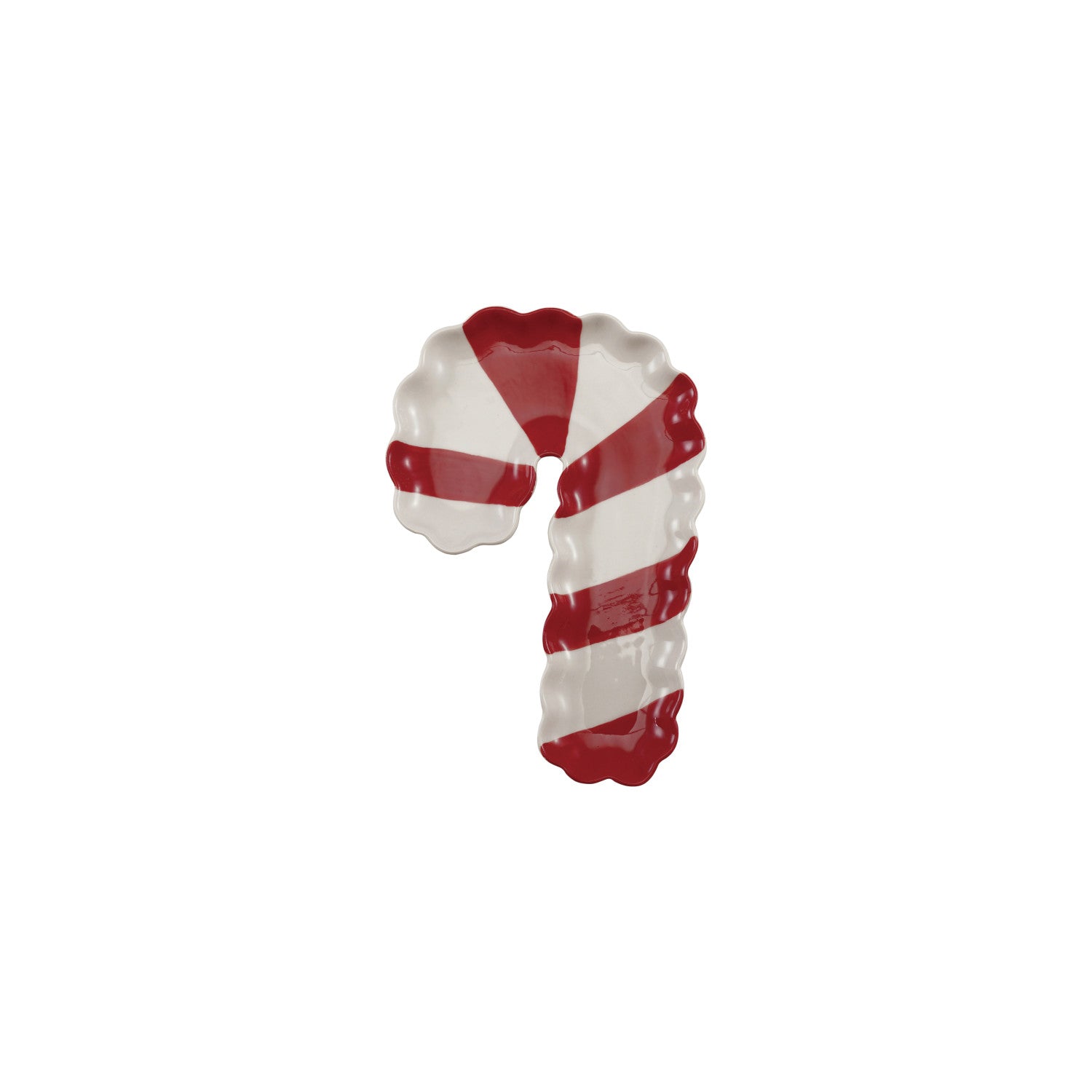 Scalloped stoneware candy cane shaped dish with red and white stripes.