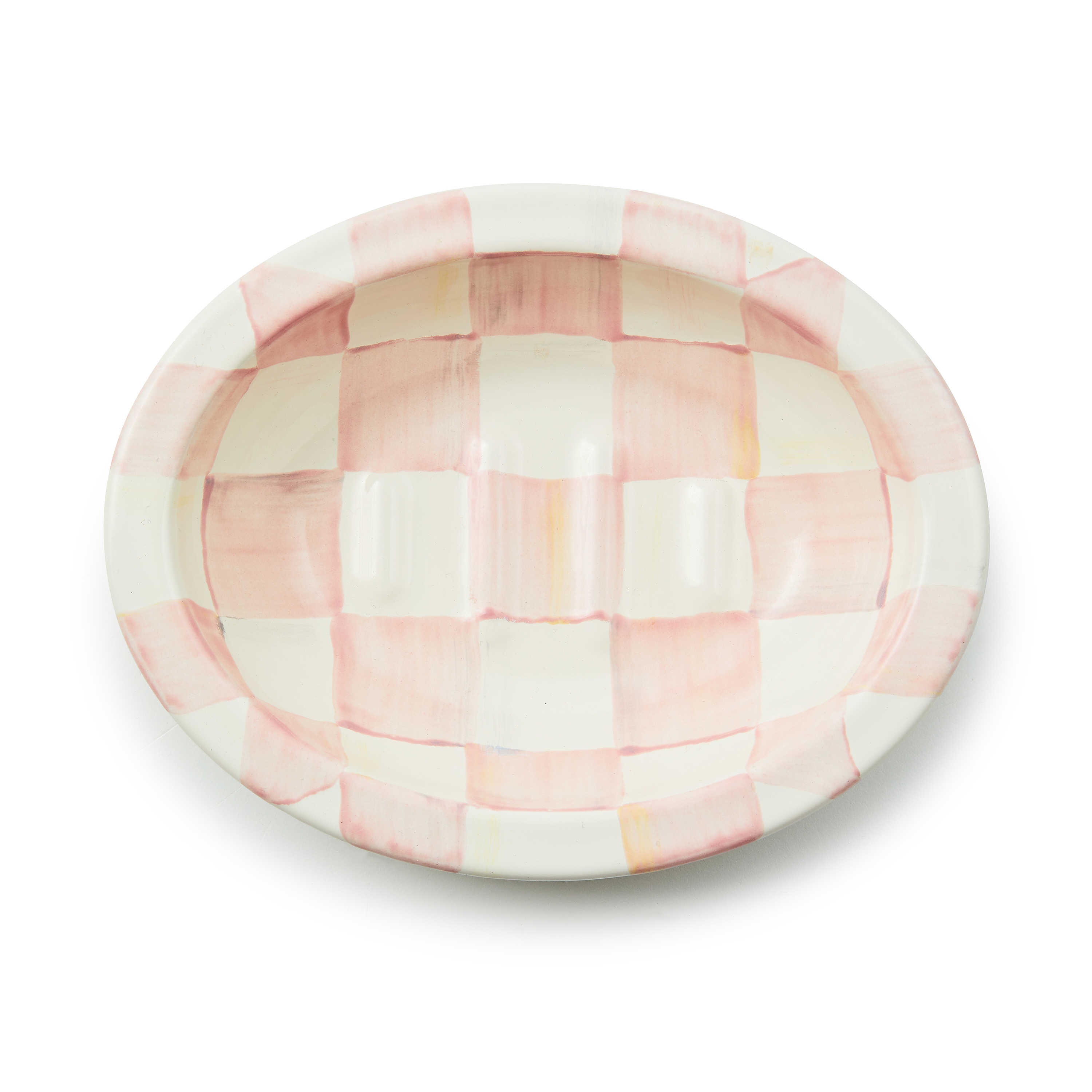 Oval hand-painted pink and white checkered soap dish made of heavy-gauge steel.