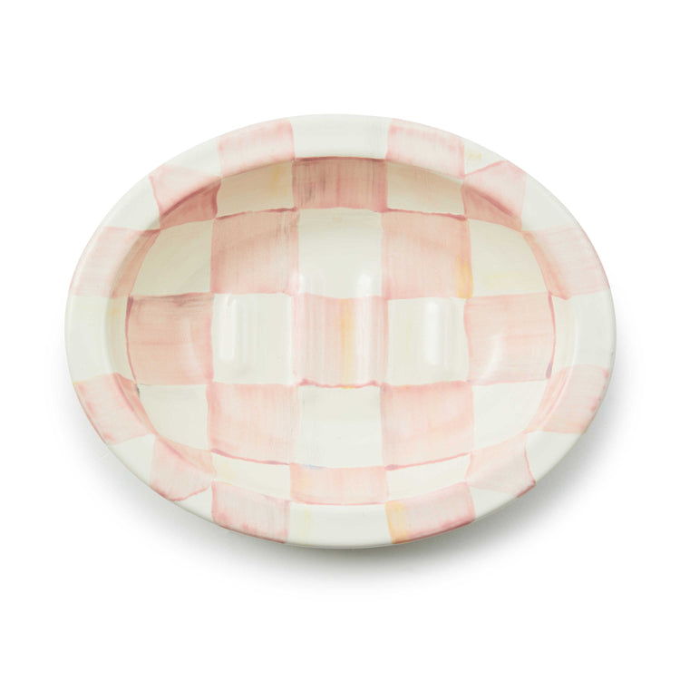 Oval hand-painted pink and white checkered soap dish made of heavy-gauge steel.