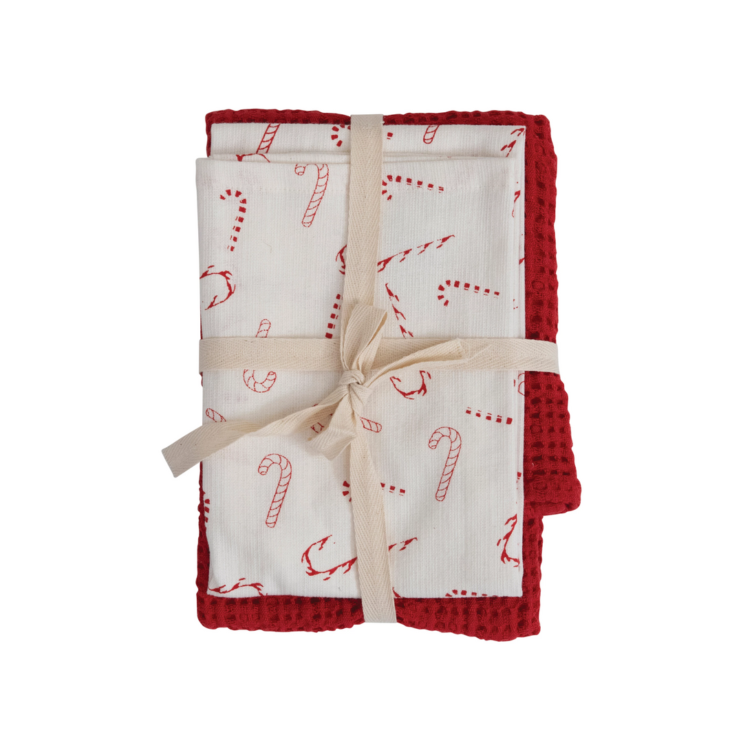 Cotton Printed and Waffle Weave Tea Towels - White and Red