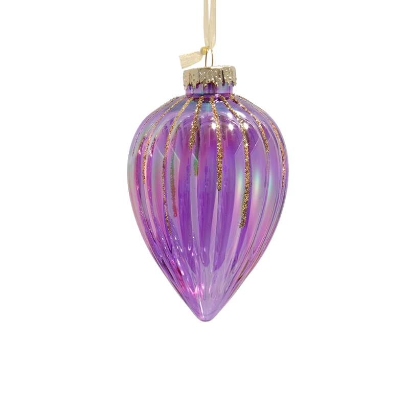 Purple teardrop-shaped glass ornament with vertical ridges and gold glitter accents.