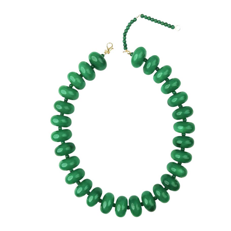 Bailey Chunky Beaded Necklace featuring large, glossy green marbled oval beads and a gold clasp.