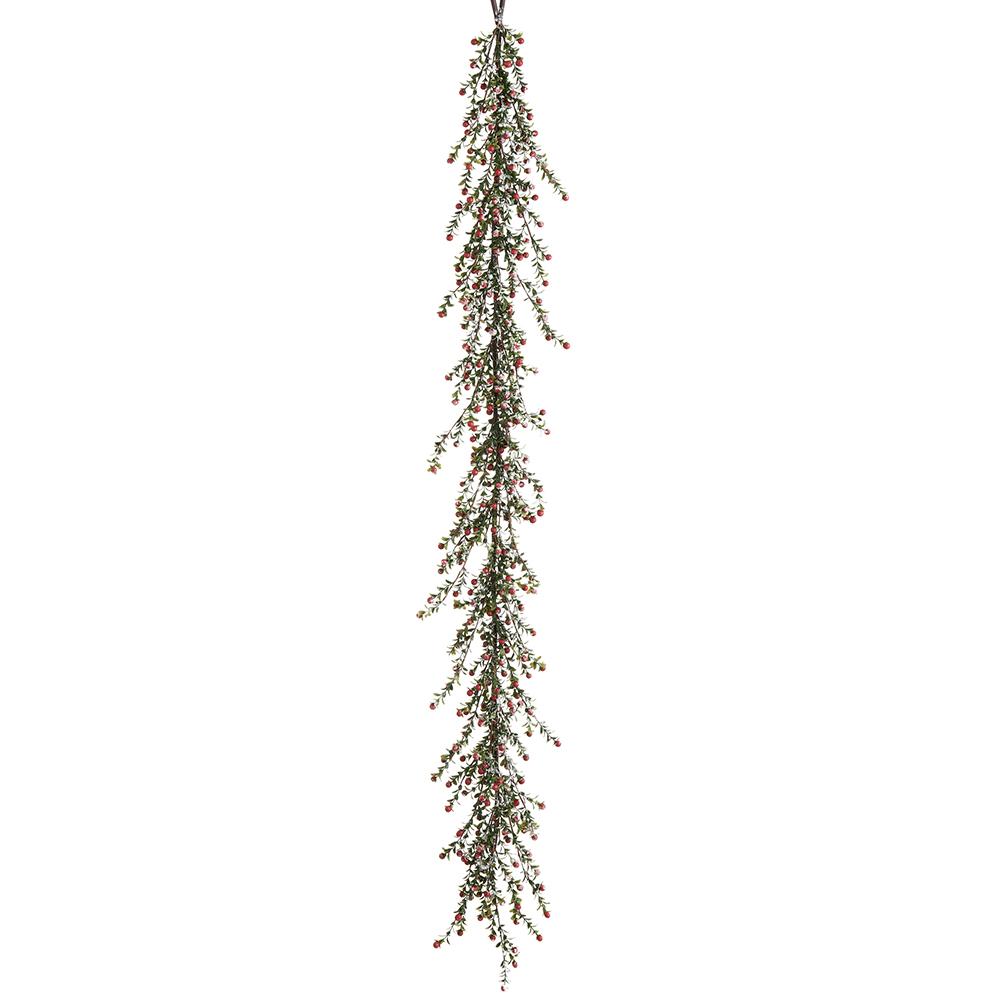 6-foot snowed berry garland with red berries and frosted green foliage on a white background.