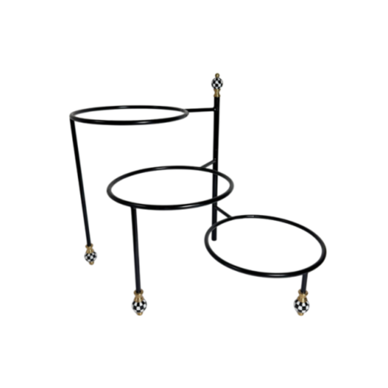 Three-tiered black metal serving stand with checkered ball accents on the feet and top finial.