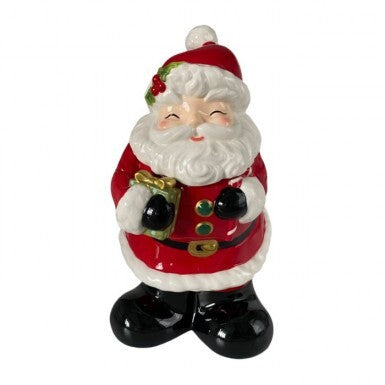 White ceramic Santa cookie jar with red trim and festive holiday illustration.
