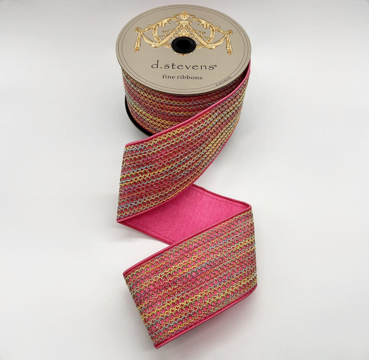 Pink Metallic Spring Lace Dupion ribbon with a satin finish.