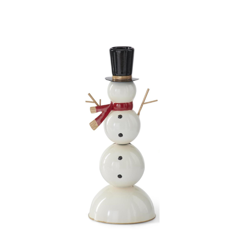 Black and white metal snowman candleholder with a red scarf.