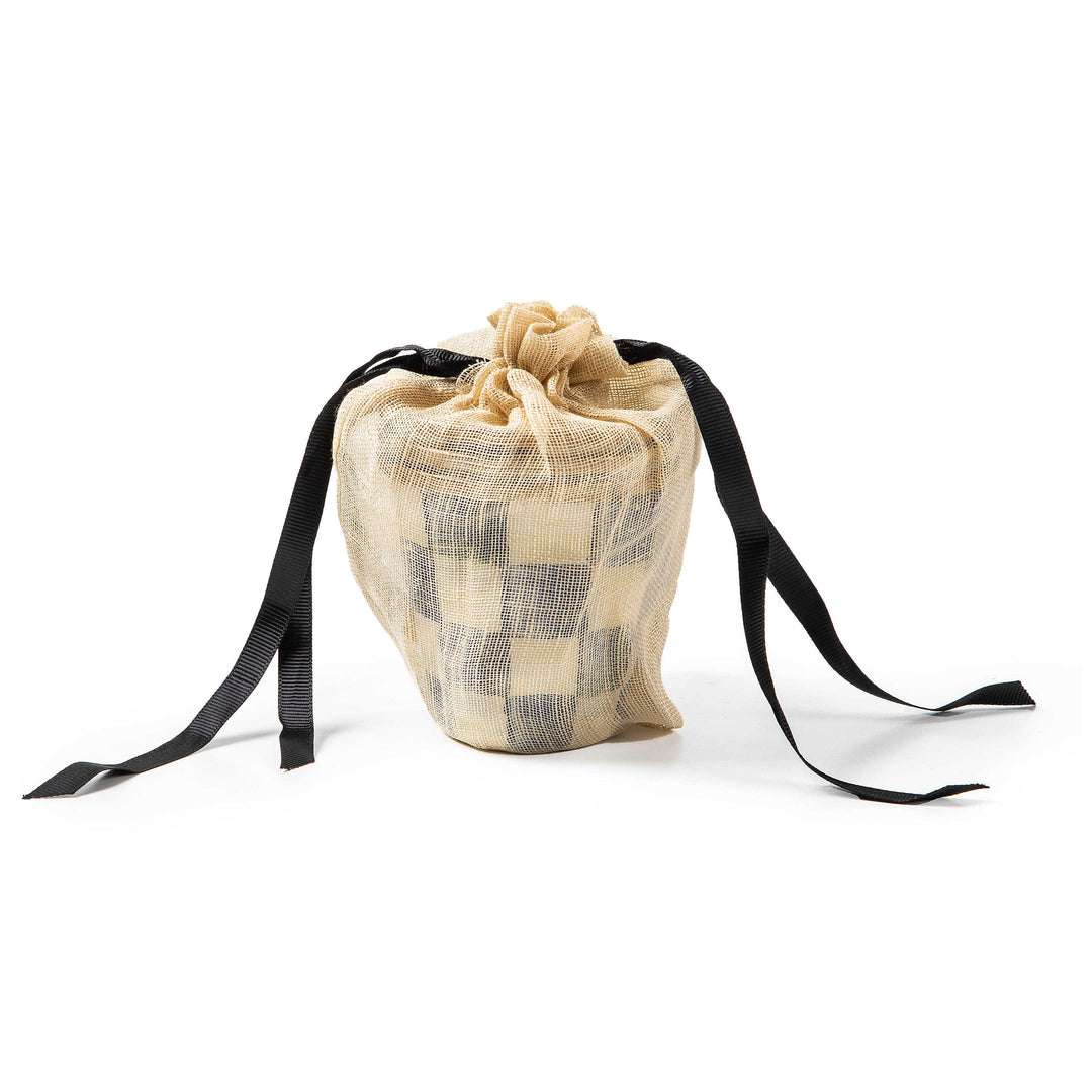 Royal Check Enamel Herb Pot inside a beige mesh drawstring bag with black ribbons.