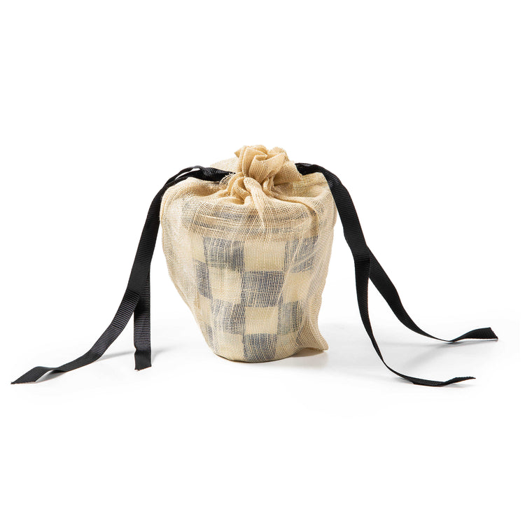 Royal Check Enamel Herb Pot inside a beige mesh drawstring bag with black ribbons.