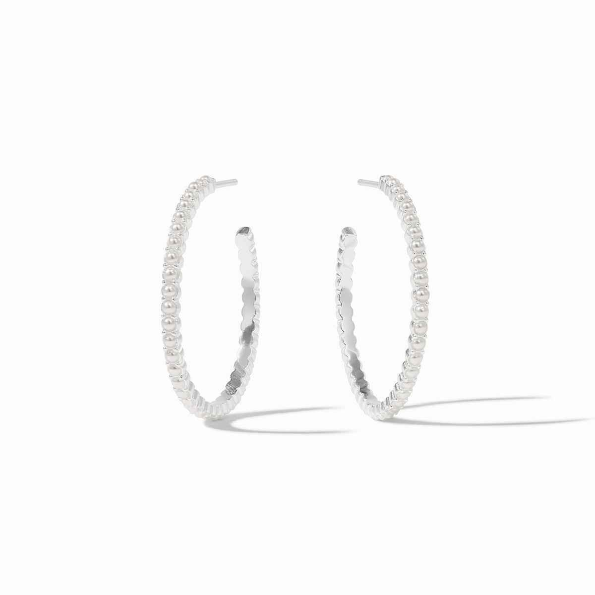 Juliet Hoop Silver earrings featuring a beaded design with glass pearls on a silver-plated finish.