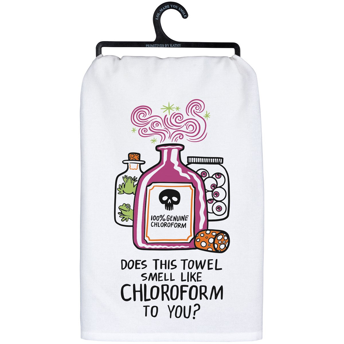 Black cotton kitchen towel with white text reading Remember As Far As Anyone Knows We Are A Nice & Normal Family.