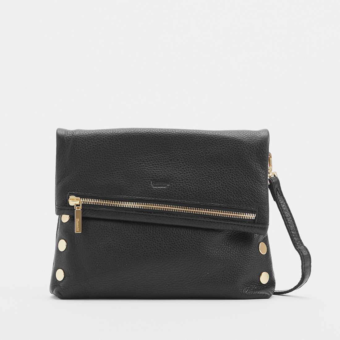 Black leather medium zippered bag with brushed gold hardware, external cell phone pocket, and optional strap.