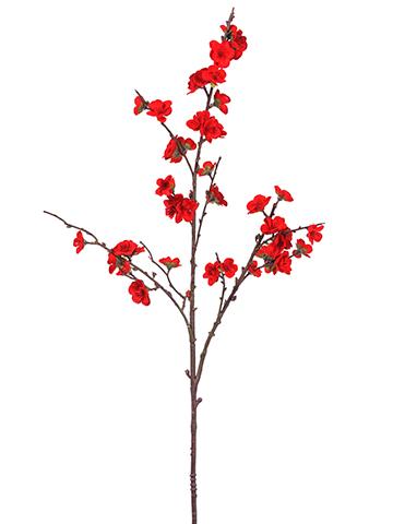 30-inch red velvet plum blossom spray with multiple small flowers on a brown branch.