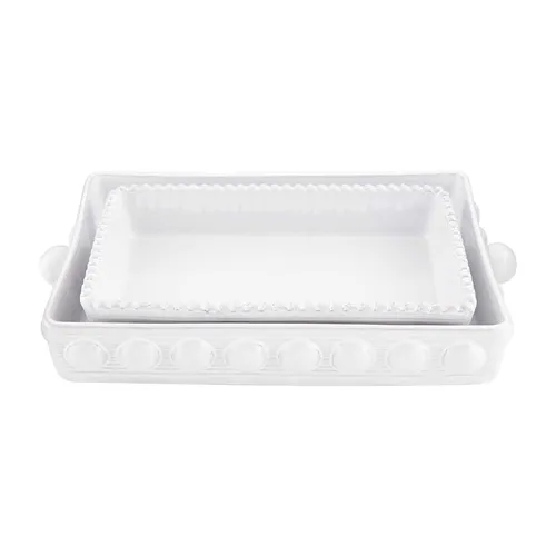 Small terracotta beaded baker set with a rectangular baking pan shape.