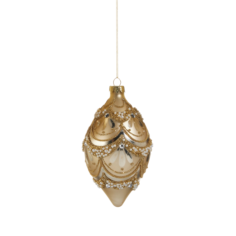 4-inch gold glass teardrop ornament with intricate gold glitter and white pearl trim.