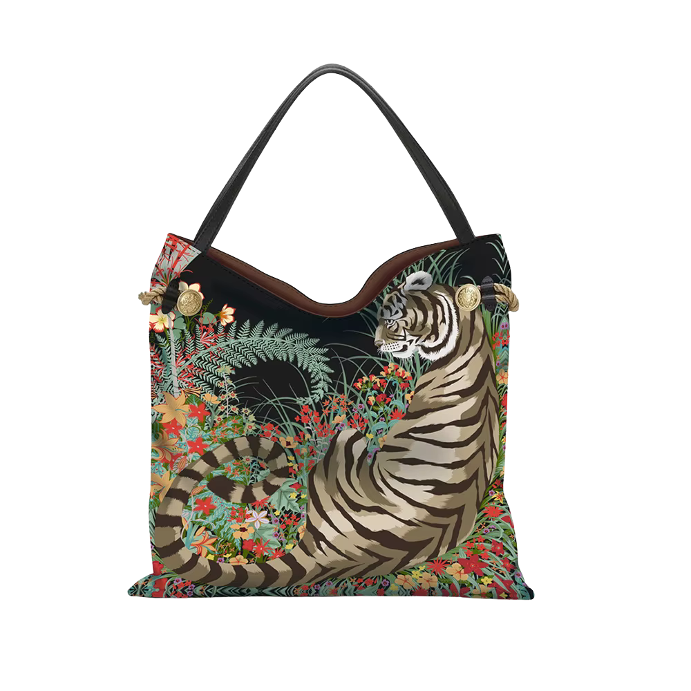 Boho scarf tote bag featuring a tiger and floral jungle print with black shoulder straps.
