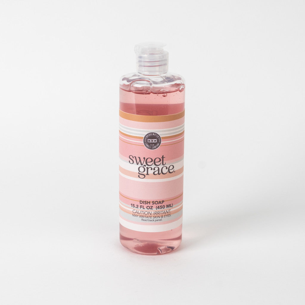 15.2 oz bottle of Sweet Grace Dish Soap with pink liquid and a striped label.