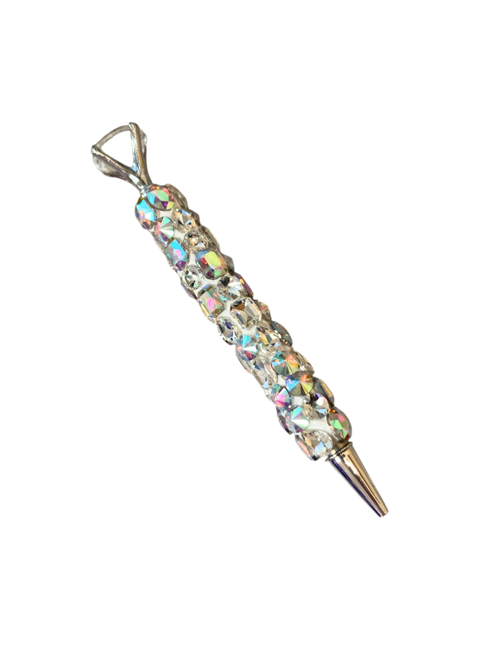 Silver ink pen covered in iridescent crystals with a diamond-shaped topper.