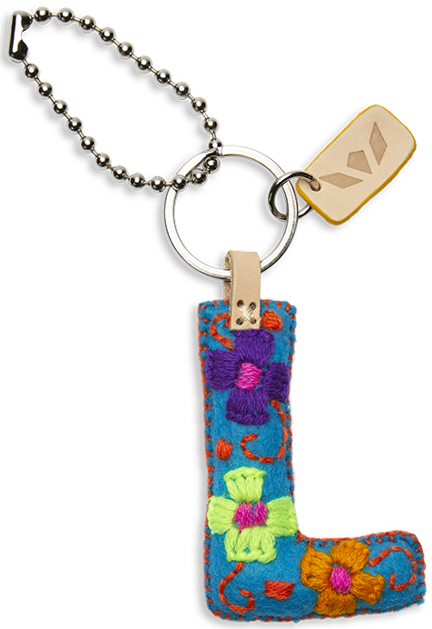 Felt letter charm attached to a metal chain with an eyelet ring