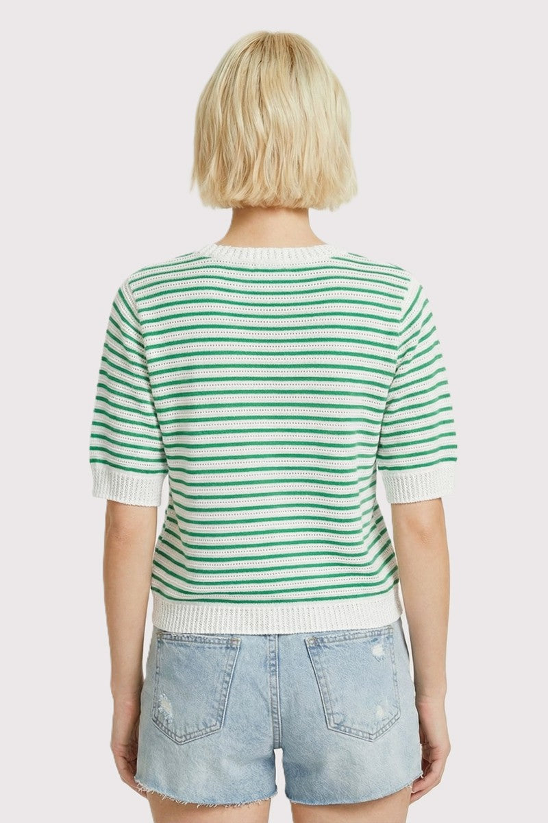 Millie Pointelle striped cotton sweater with crew neck and half sleeves in a relaxed silhouette.