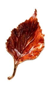 Leaf-shaped tray with a glossy reddish-brown enamel finish and textured metallic detailing.