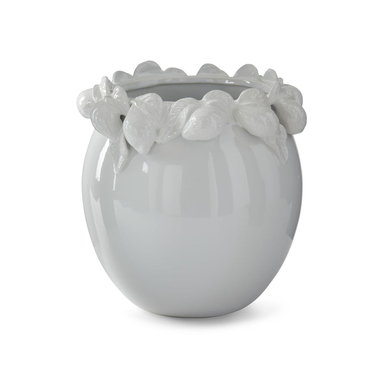 White ceramic vase with a lemon-patterned rim