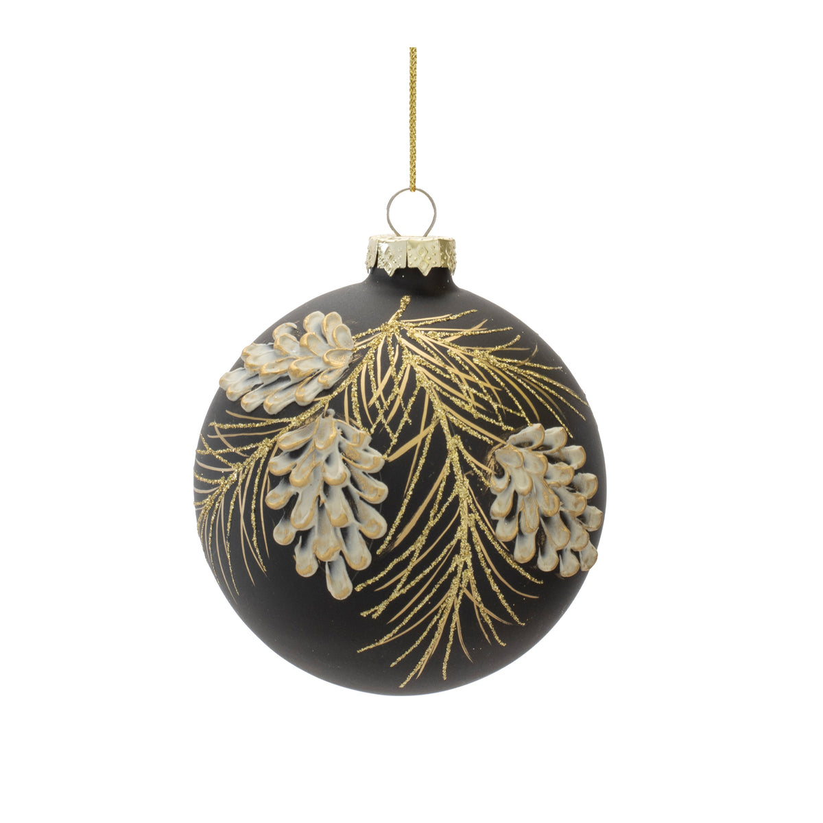 Black glass Christmas ornament with gold glitter pine needles and white pine cone designs.
