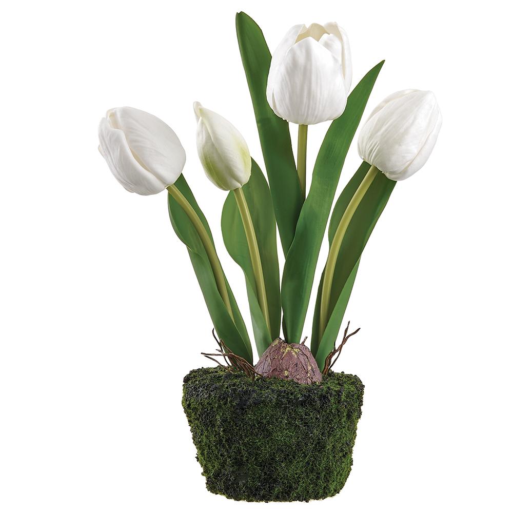Tulip-shaped artificial plant in soil with green moss accents