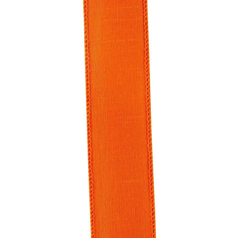 1-1/2 inch tangerine orange Dupioni flame wired edge ribbon with a textured fabric finish.