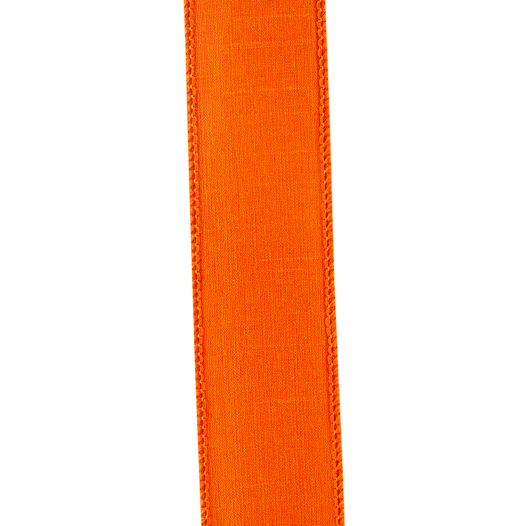 1-1/2 inch tangerine orange Dupioni flame wired edge ribbon with a textured fabric finish.