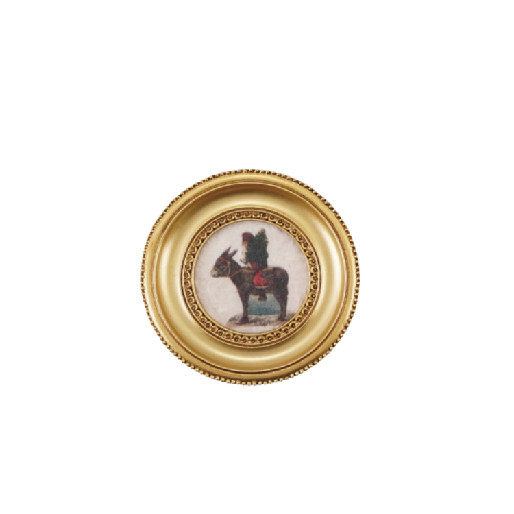 Round gold-framed resin magnet featuring a vintage illustration of a figure riding a donkey.