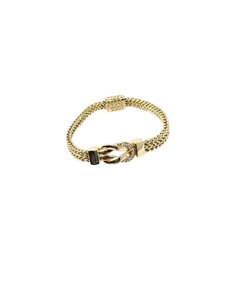 Gold-tone mesh bracelet with a cubic zirconia encrusted interlocking knot motif.