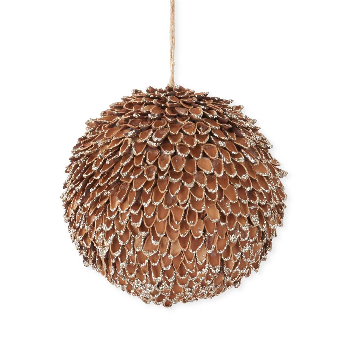 6-inch round ornament made of brown pine nut shell pods with silver glitter edges on a twine string.