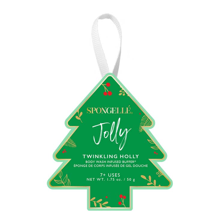 Holiday Tree Ornament Buffer with festive red and green swirls on a soft white fabric surface.