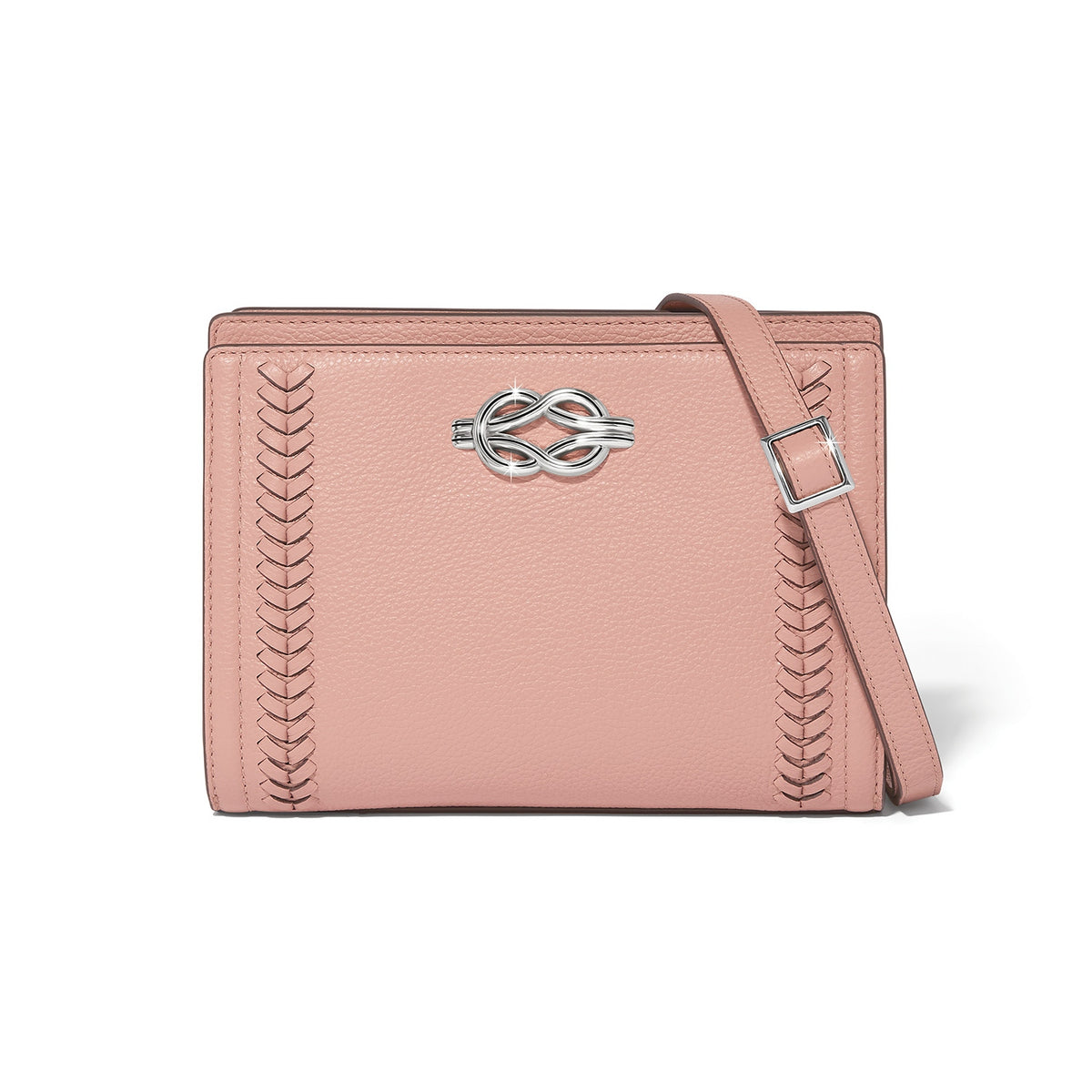 Pink Sand leather Findley organizer with adjustable strap, ziptop closure, cotton lining, and exterior pockets.