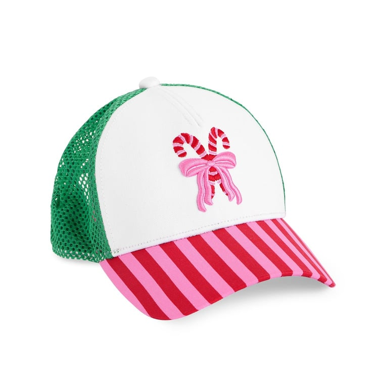 Candy cane trucker hat with white front, green mesh back, and pink and red striped brim.