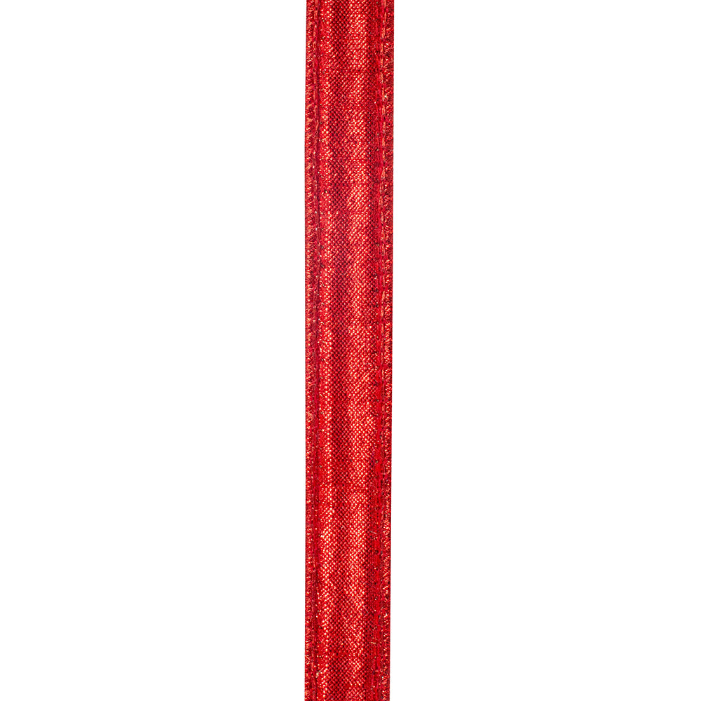 Close-up of a 7/8 inch red metallic backed wired edge ribbon with a shimmering jewel-toned finish.