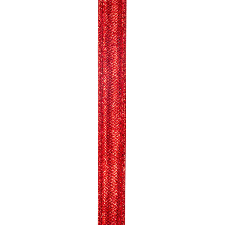 Close-up of a 7/8 inch red metallic backed wired edge ribbon with a shimmering jewel-toned finish.