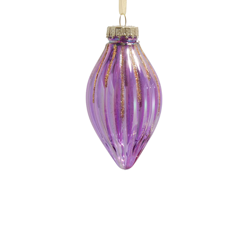 Purple teardrop-shaped glass ornament with vertical ridges and gold glitter accents.