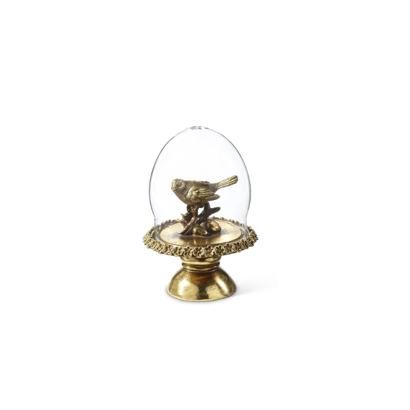 6.5-inch glass cloche featuring a gold bird figurine on a branch atop a decorative gold pedestal.