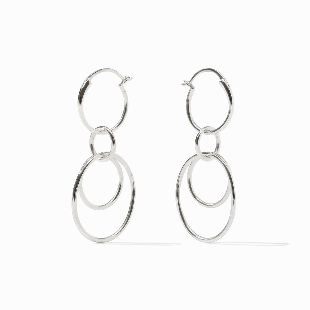 Pair of silver Simone 3-in-1 earrings featuring three interlocking hoops of varying sizes.