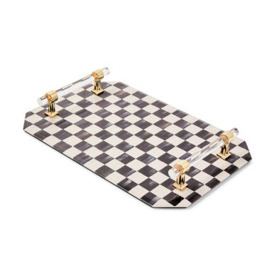 Rectangular printed glass jewelry tray with acrylic handles featuring a courtly check pattern.