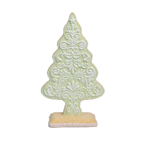 Green Gingerbread Tree figurine with white filigree icing patterns on a glittery base.