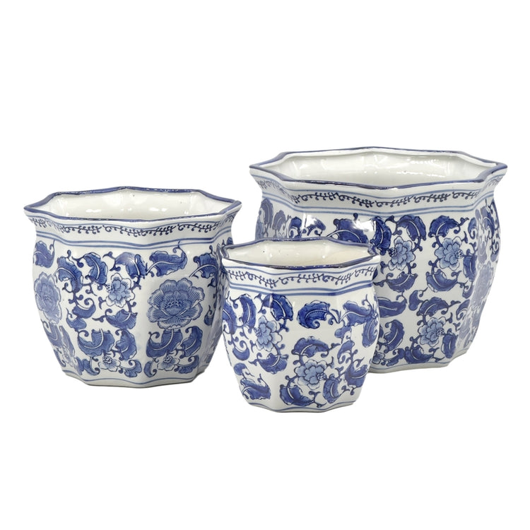 White ceramic planter with blue classic floral chinoiserie fluting pattern