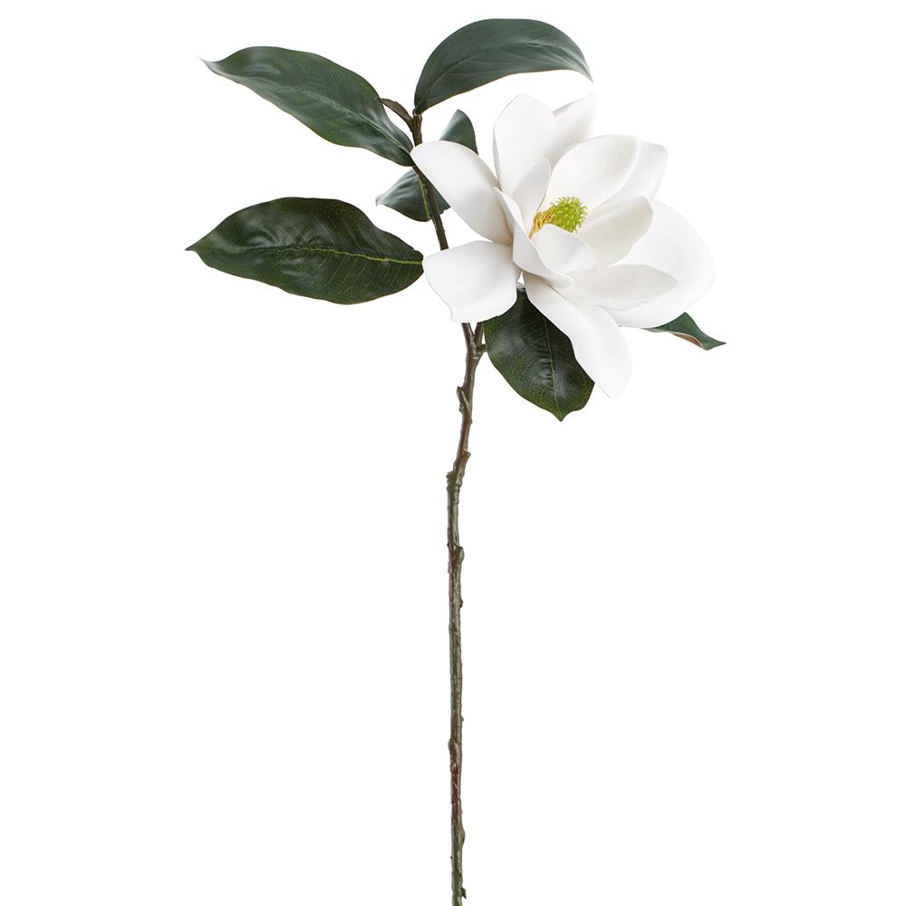 White Magnolia spray floral arrangement in a 32-inch vase made of plastic and wire.