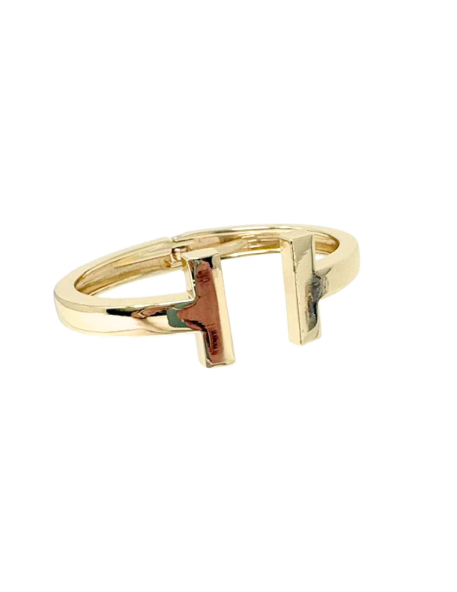 Gold T-shaped cuff bracelet with a high-polish finish and a hinged opening.